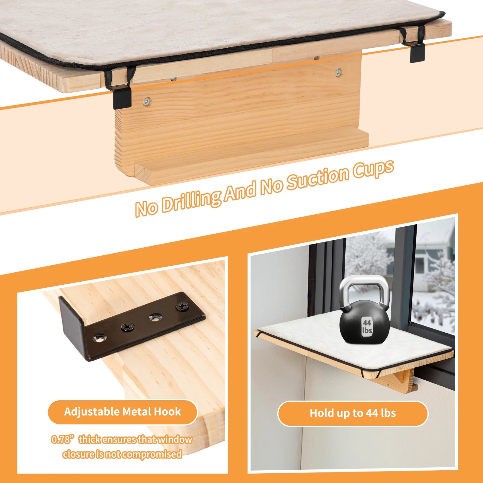 2 Cats Design Window Perch, Cat Hammock Window Seat with Natural Wood &Removable Fleece Mat for Large Cats, Easy to Adjust&Assemble Cat Bed for Windowsill, Bedside and Drawer