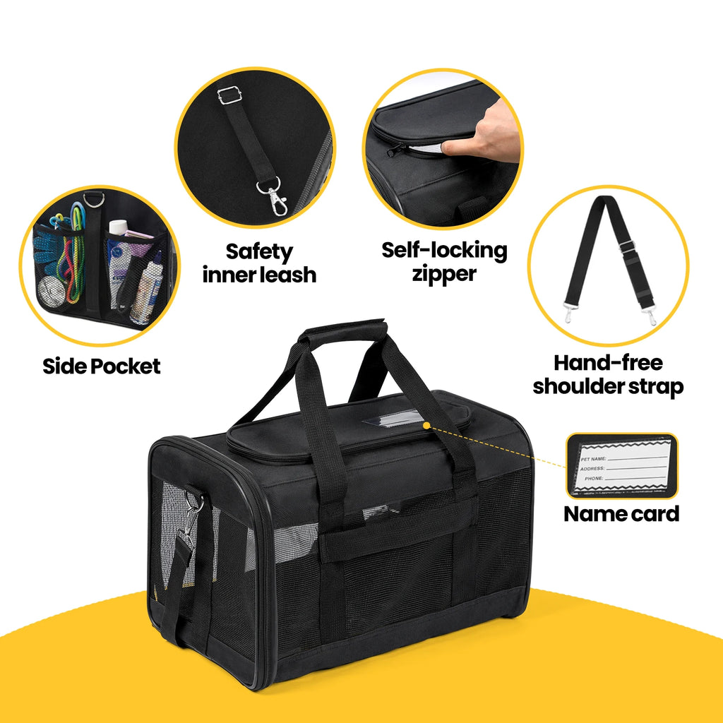 Cat Carrier,Foldable Soft-Sided Large Cat Carrier,Airline Approved Cat Carriers with Safety Leash,Comfort for Cat Travel Carrier,Black