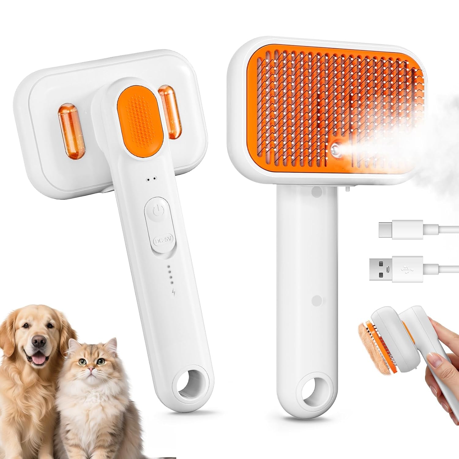 3-In-1 Pet Steam Brush for Dogs & Cats - Rechargeable Deshedding Tool with Gentle Mist, Self-Cleaning, Safe Rounded Tips