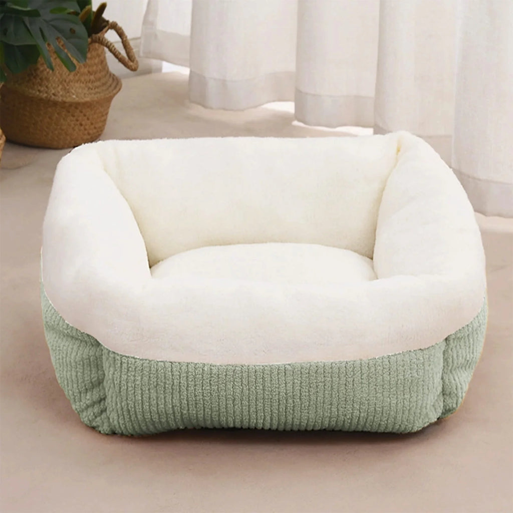 Plush Cat Bed for Small Dogs, Orthopedic Cuddler Pet Bed with Removable Washable Cushion & Non-Slip Bottom, Blue and White Square Fluffy Dog Cat Bed