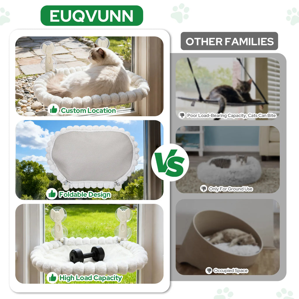 Cat Window Perch, Cat Window Hammock with Metal Frame and Reversible Cover&4 Strong Suction Cups, No Drilling, Cat Beds for Indoor Cats for Sunbathing, Napping & Overlooking(White,Velvet)