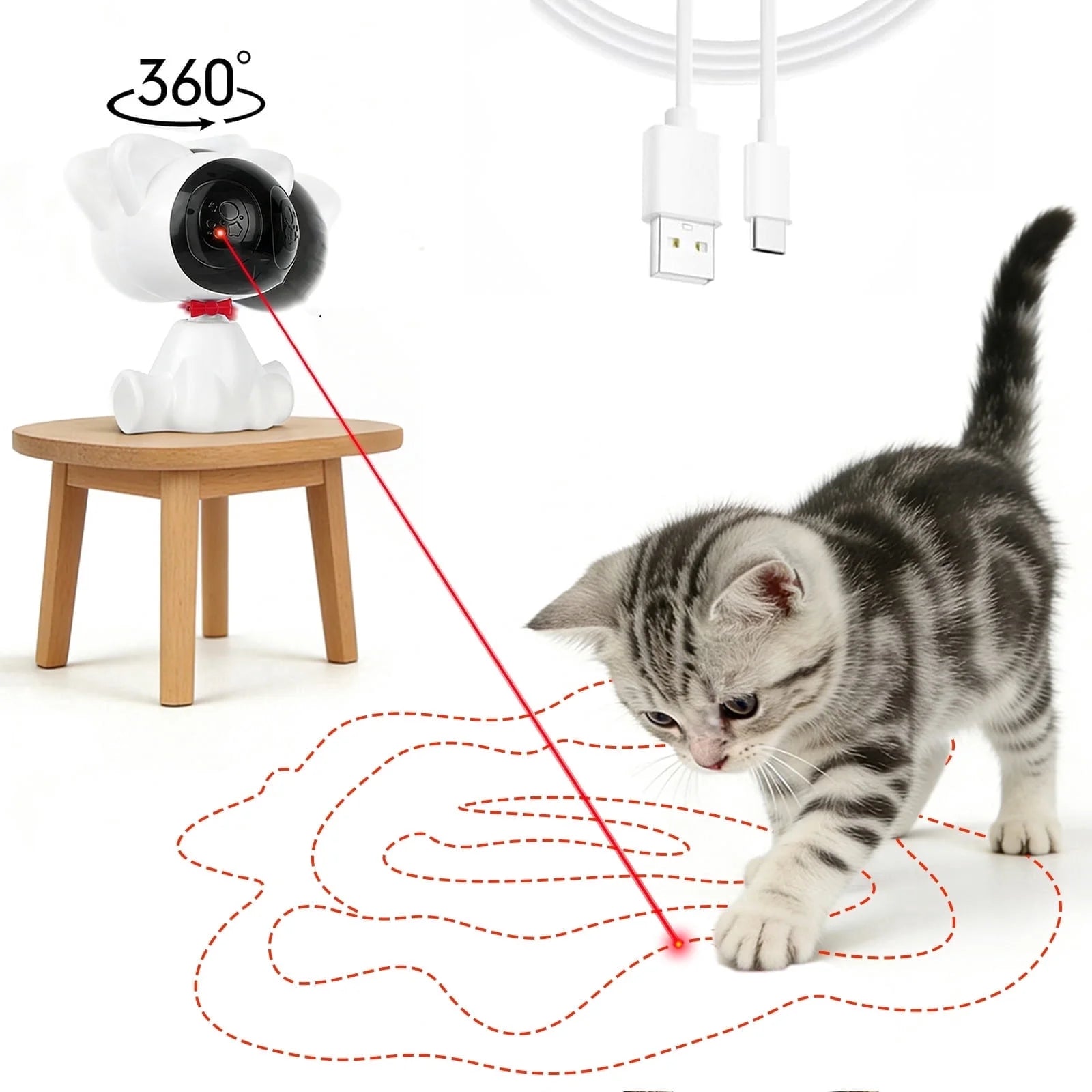 Risehigh Laser Cat Toys for Indoor Cats with Random Trajectory, 3 Modes & 2 Speeds, 360° Rotation, Rechargeable Automatic Interactive Toy for Bored Adult Cats & Kittens, White