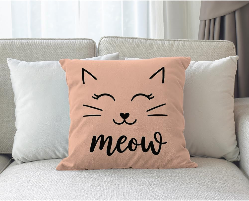 Cat Face Pillows Decorative Throw Pillow Cover Case Cute Cat Smile Meow Cotton Linen Pillow Case 18X18 Inch Square Cushion Cover for Sofa Bedroom Pink