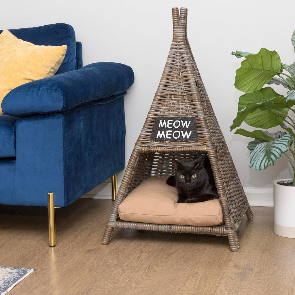 CBD1002A Tiki Tent 20" X 20" Coastal Handwoven Rattan Cat Bed with Machine-Washable Cushion, Kubu Gray
