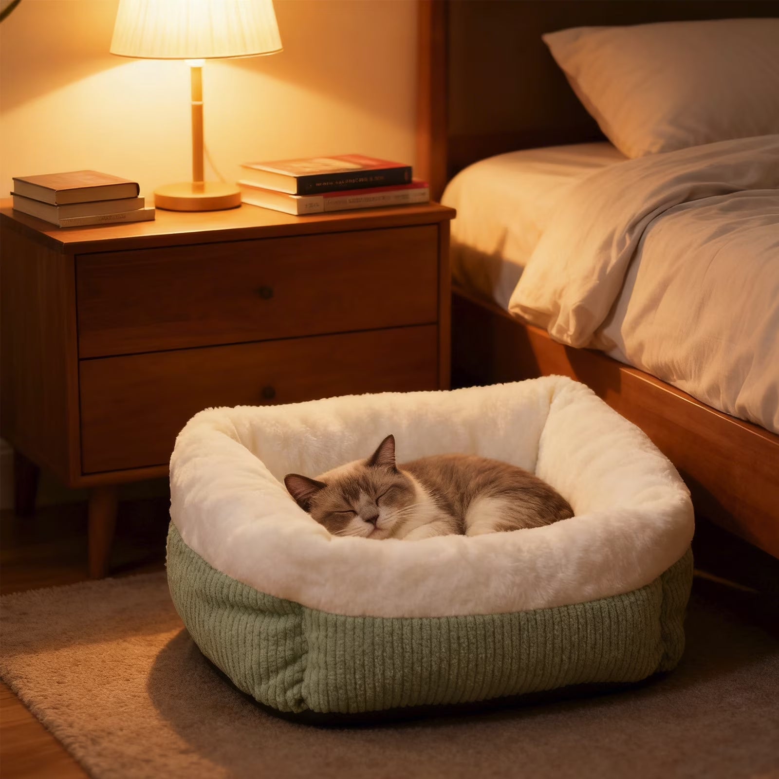 Plush Cat Bed for Small Dogs, Orthopedic Cuddler Pet Bed with Removable Washable Cushion & Non-Slip Bottom, Blue and White Square Fluffy Dog Cat Bed