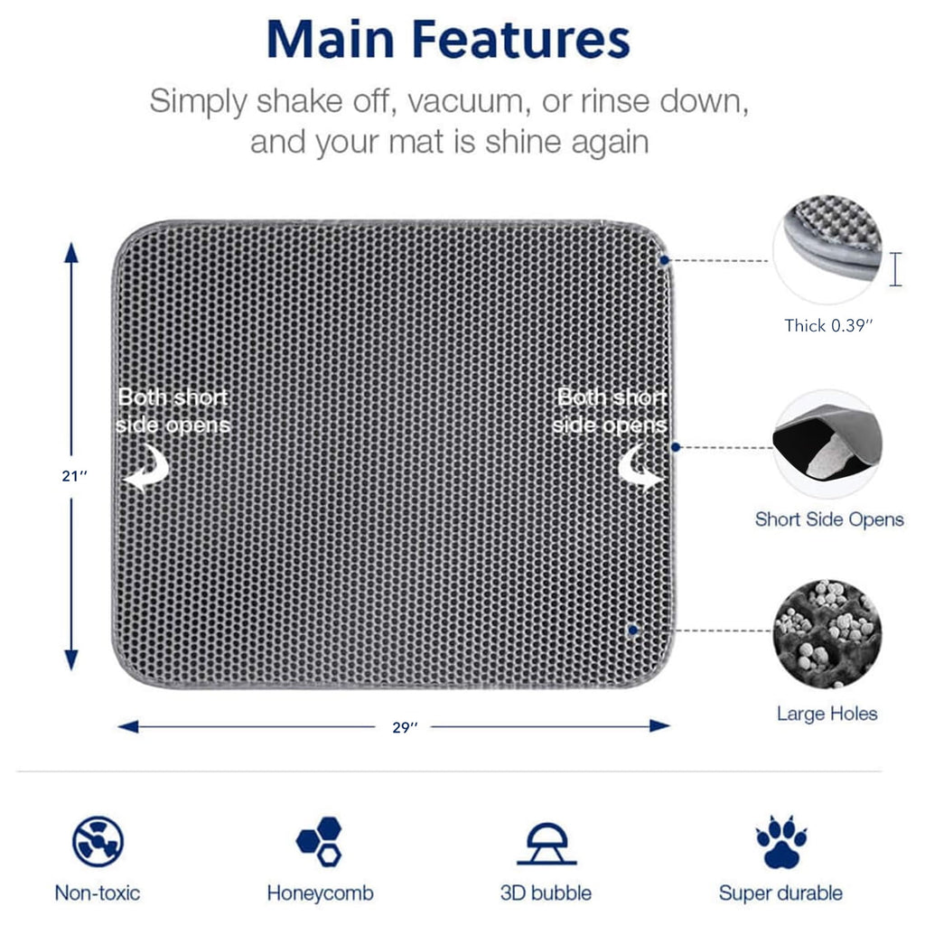 21" X 29" Cat Litter Mat Trapping Match, Honeycomb Double Layer Design, Urine-Proof and Water Proof, Scatter Control, Easier to Clean & Washable(Gray)