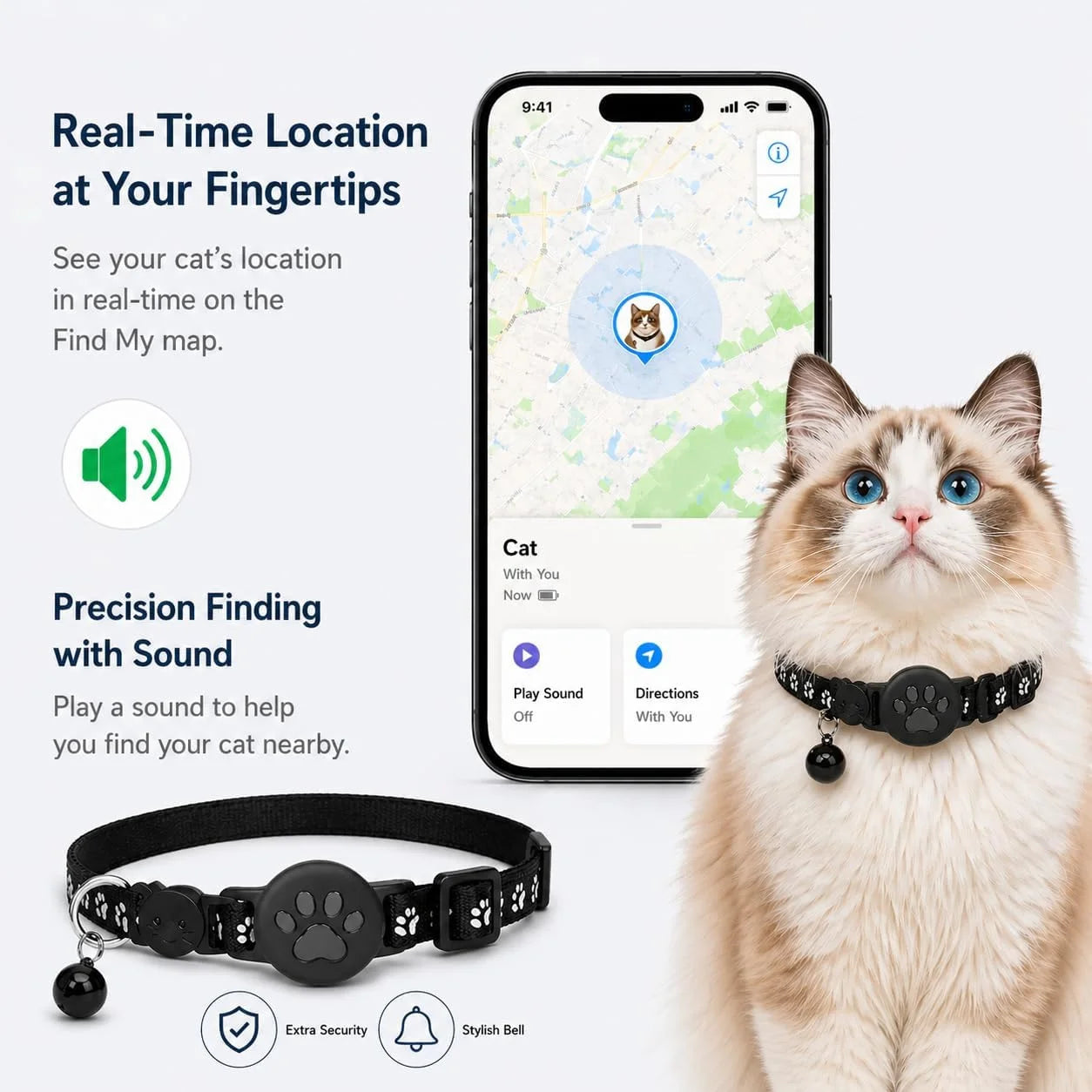 Cat Tracker Collar for Small Cats - Real Time Cat GPS Tracker No Monthly Fee, Pet Tracker for Cats Works with Apple Find My (Only Ios), No SIM Required (Collar + Black Tracker)