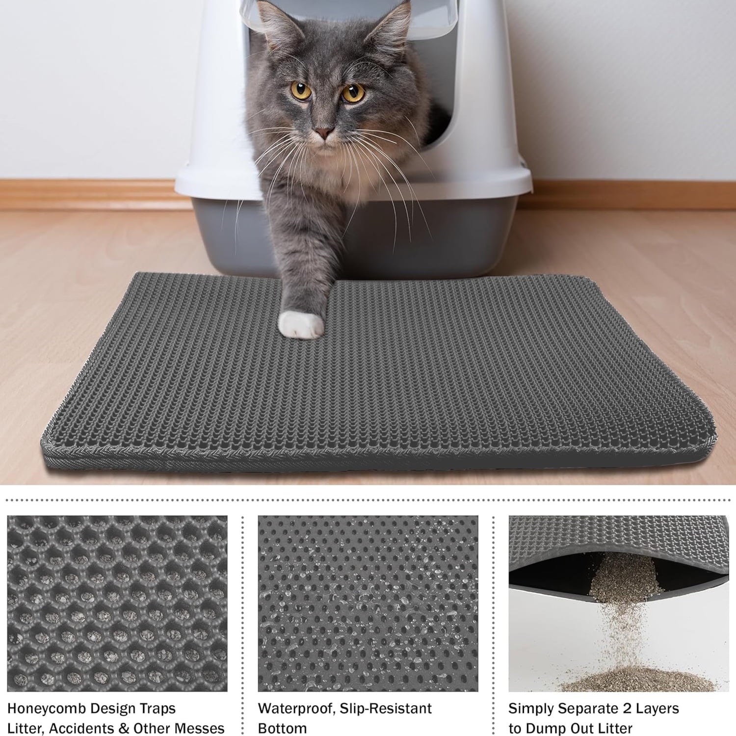 21" X 29" Cat Litter Mat Trapping Match, Honeycomb Double Layer Design, Urine-Proof and Water Proof, Scatter Control, Easier to Clean & Washable(Gray)