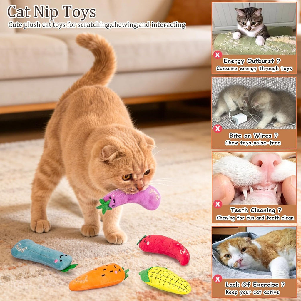 5Pcs Catnip Cat Toys Vegetable Shape Plush Kicker for Indoor Cats, Durable Interactive Kitty Nip Chew Toy for Boredom Relief Small to Medium Cats