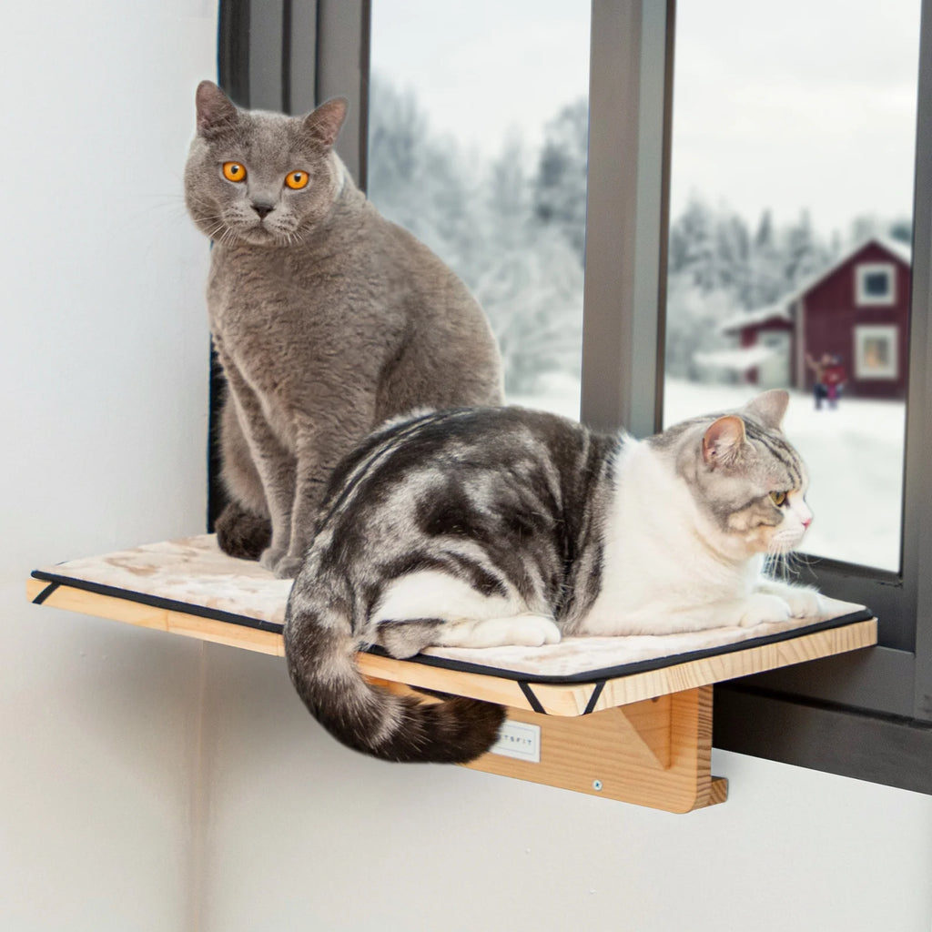 2 Cats Design Window Perch, Cat Hammock Window Seat with Natural Wood &Removable Fleece Mat for Large Cats, Easy to Adjust&Assemble Cat Bed for Windowsill, Bedside and Drawer