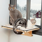 2 Cats Design Window Perch, Cat Hammock Window Seat with Natural Wood &Removable Fleece Mat for Large Cats, Easy to Adjust&Assemble Cat Bed for Windowsill, Bedside and Drawer