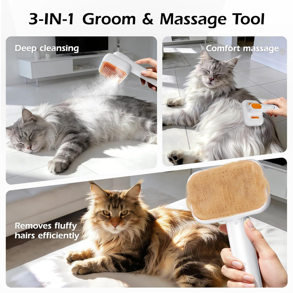 3-In-1 Pet Steam Brush for Dogs & Cats - Rechargeable Deshedding Tool with Gentle Mist, Self-Cleaning, Safe Rounded Tips
