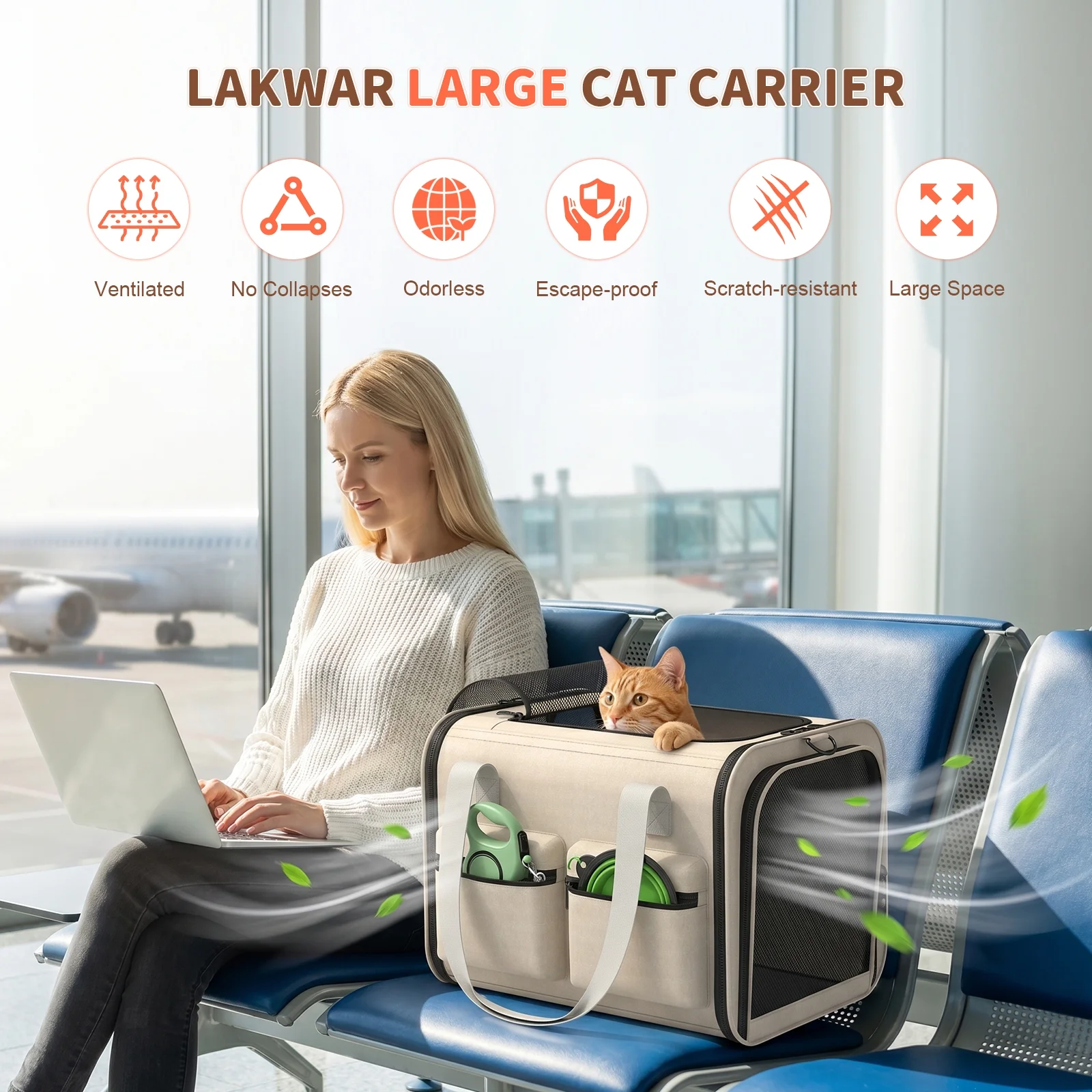 SnuggyCats Foldable Airline-Approved Cat Carrier — Soft Sided, Mesh Ventilation, Safety Leash