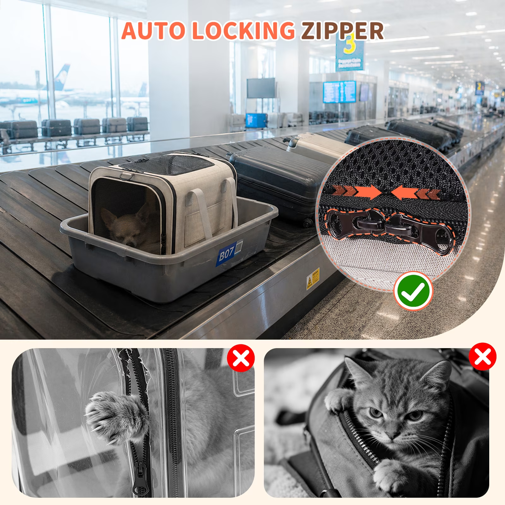 SnuggyCats Foldable Airline-Approved Cat Carrier — Soft Sided, Mesh Ventilation, Safety Leash