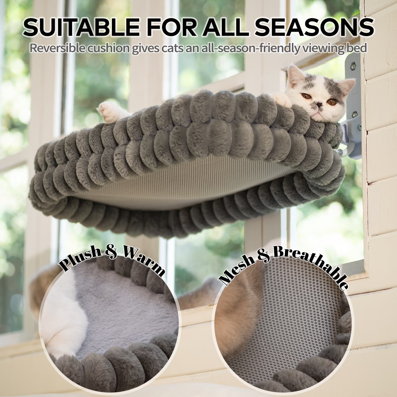 SnuggyCats Large Double-Layer Cat Window Hammock — 27"×15", Reversible, Gray