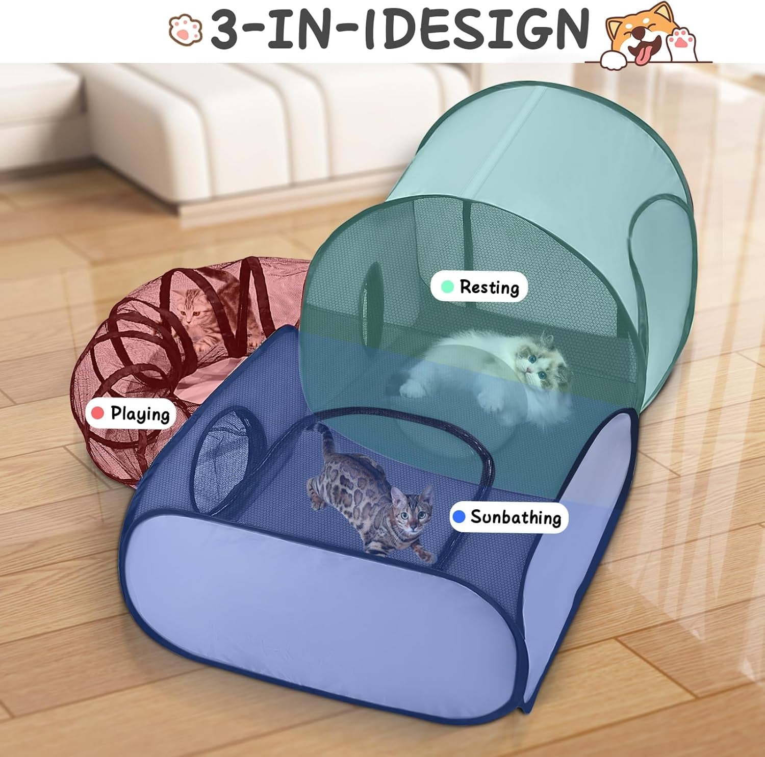 Dog Playpen with Surround Tunnel, Outdoor/Indoor Cat Playpen with Breathable Soft Sides， Cat Enclosure Tent for Small Animals, Portable Cat Tent with Carry Bag (Large)