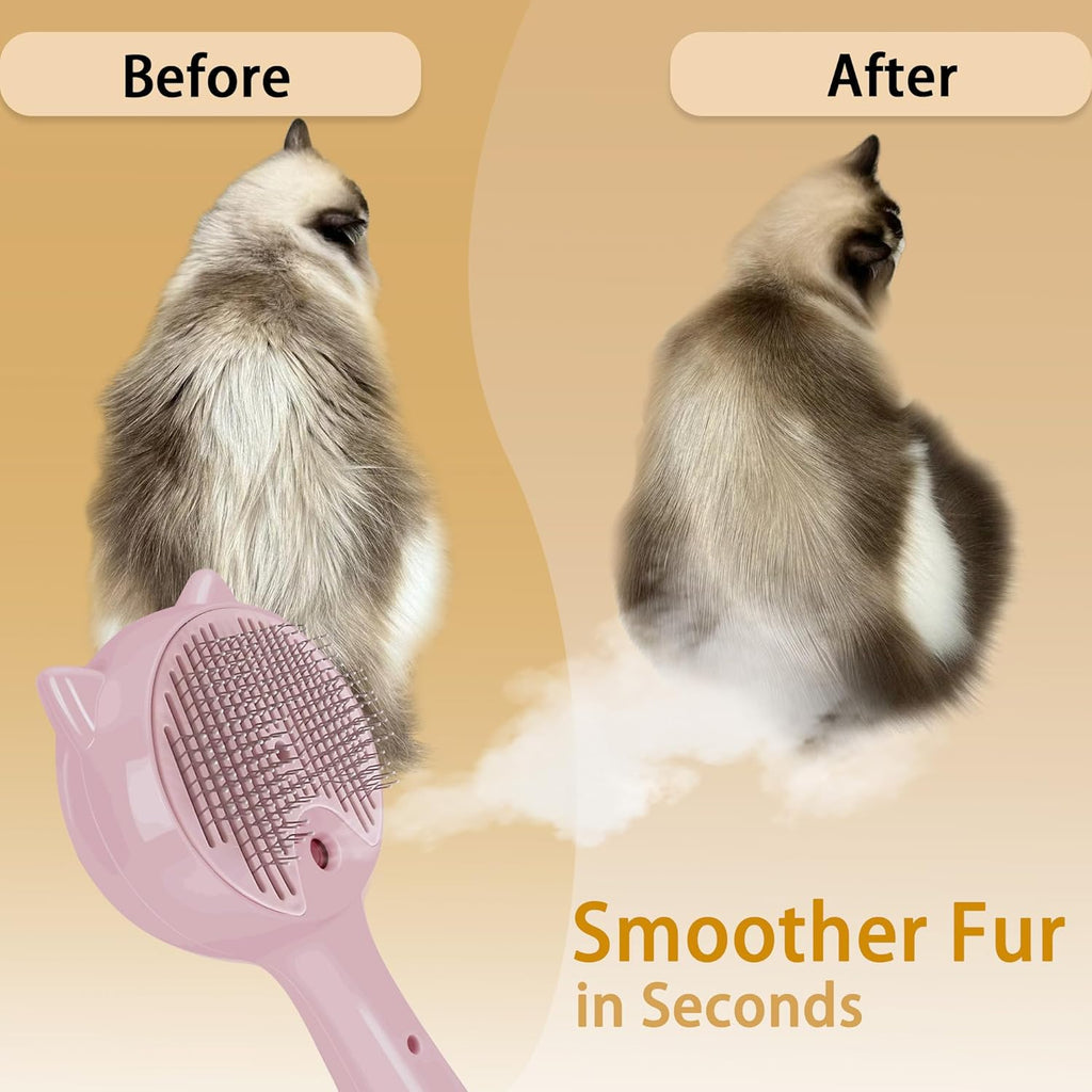 Pet Steam Brush for Cats & Dogs ，3-In-1 Pet Grooming Comb，Reduces Shedding, Soft Bristles, Promotes Healthy Coat-Comes - Includes Waterless Shampoo，Pink