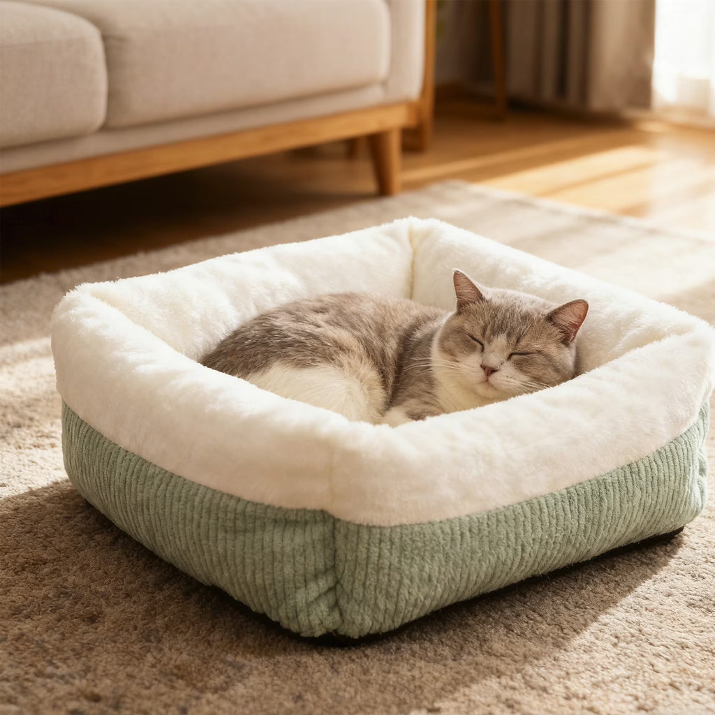 Plush Cat Bed for Small Dogs, Orthopedic Cuddler Pet Bed with Removable Washable Cushion & Non-Slip Bottom, Blue and White Square Fluffy Dog Cat Bed