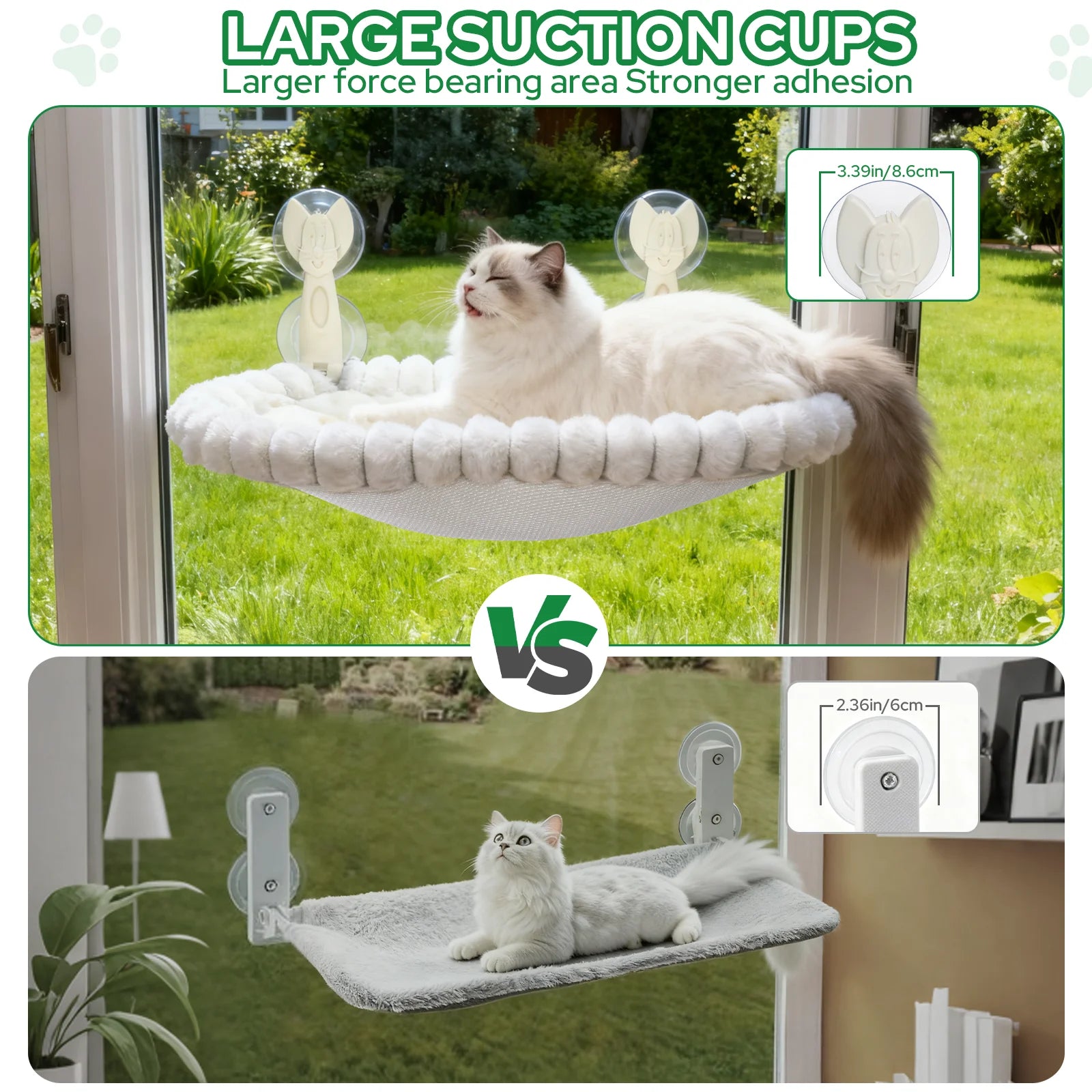 Cat Window Perch, Cat Window Hammock with Metal Frame and Reversible Cover&4 Strong Suction Cups, No Drilling, Cat Beds for Indoor Cats for Sunbathing, Napping & Overlooking(White,Velvet)