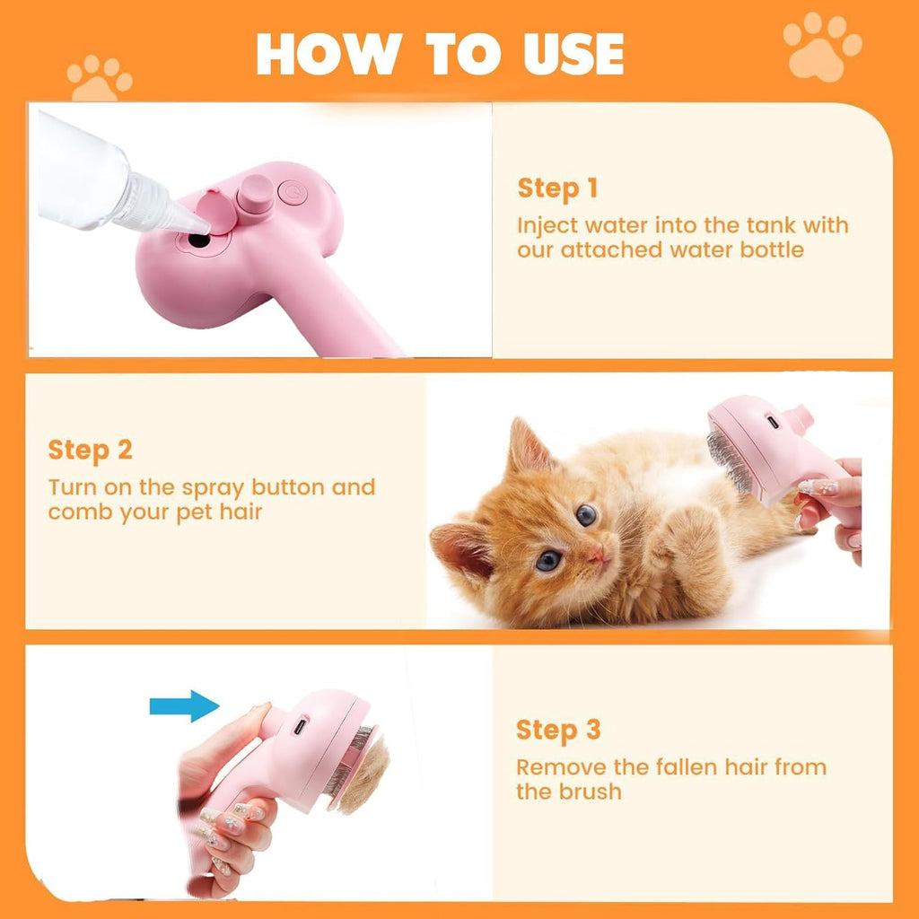 Cat Steam Brush with Release Button, 3-In-1 Steam Grooming Brush for Shedding, Hair Removal Tool for Dogs & Cats, Self Cleaning Spray Comb with Mist for Long Haired Pets