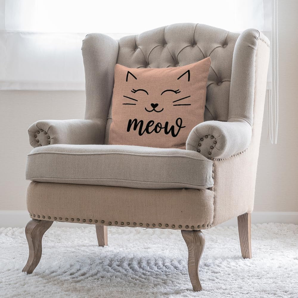 Cat Face Pillows Decorative Throw Pillow Cover Case Cute Cat Smile Meow Cotton Linen Pillow Case 18X18 Inch Square Cushion Cover for Sofa Bedroom Pink