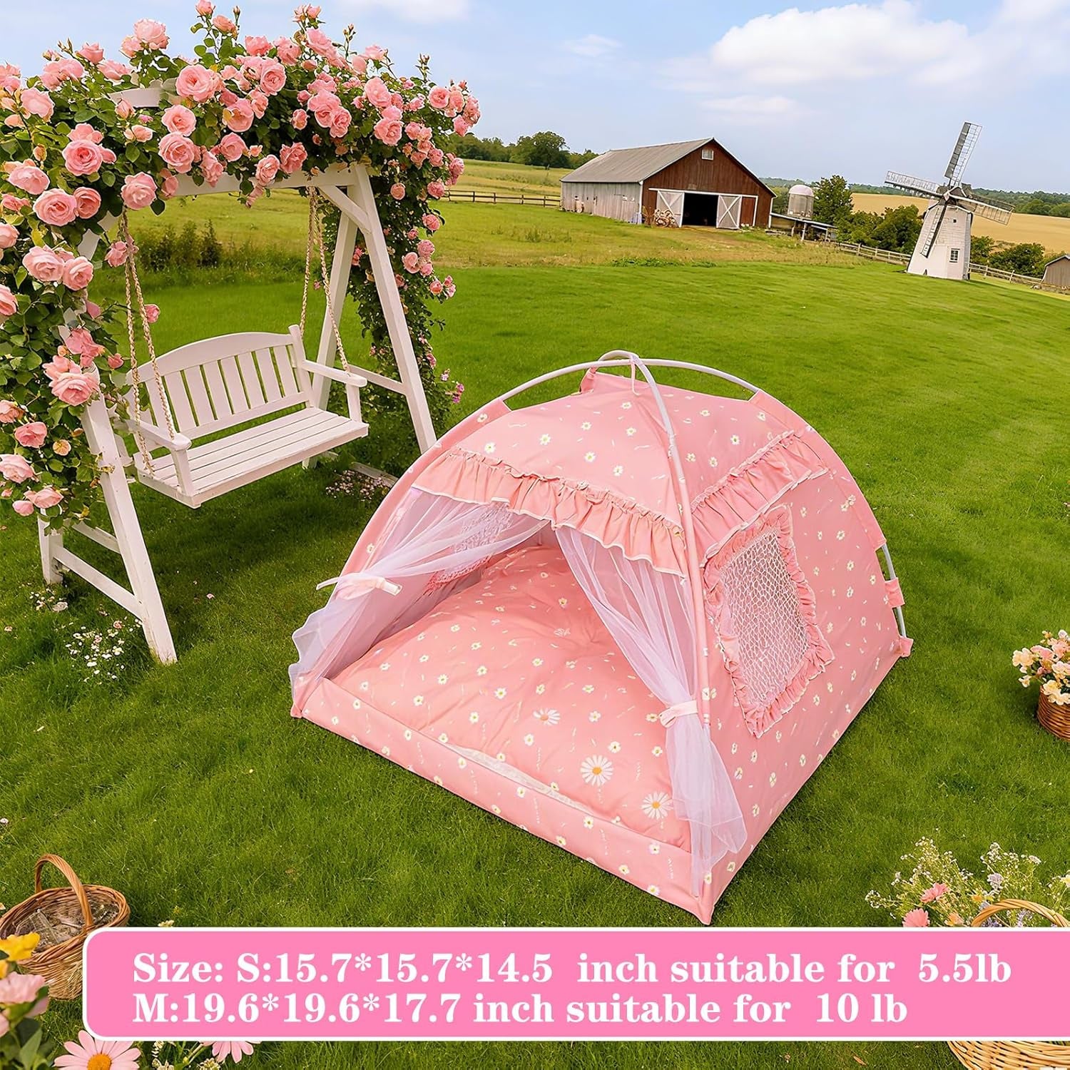 Cat Princess Indoor Tent House - Dog House Indoor/Outdoor Lace Mesh Breathable Windows Door Curtains Removable Portable Cave Nest Bed Bunny and Puppy (Pink, S)