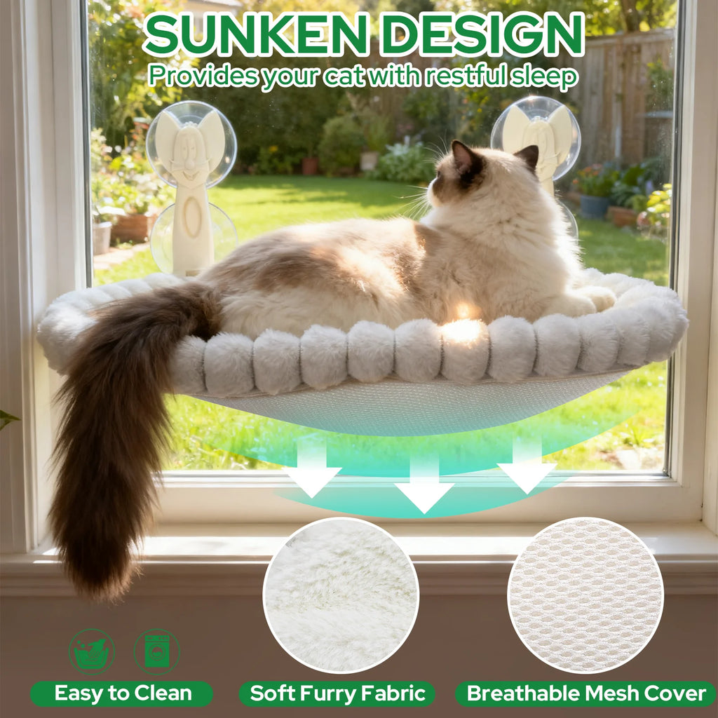 Cat Window Perch, Cat Window Hammock with Metal Frame and Reversible Cover&4 Strong Suction Cups, No Drilling, Cat Beds for Indoor Cats for Sunbathing, Napping & Overlooking(White,Velvet)