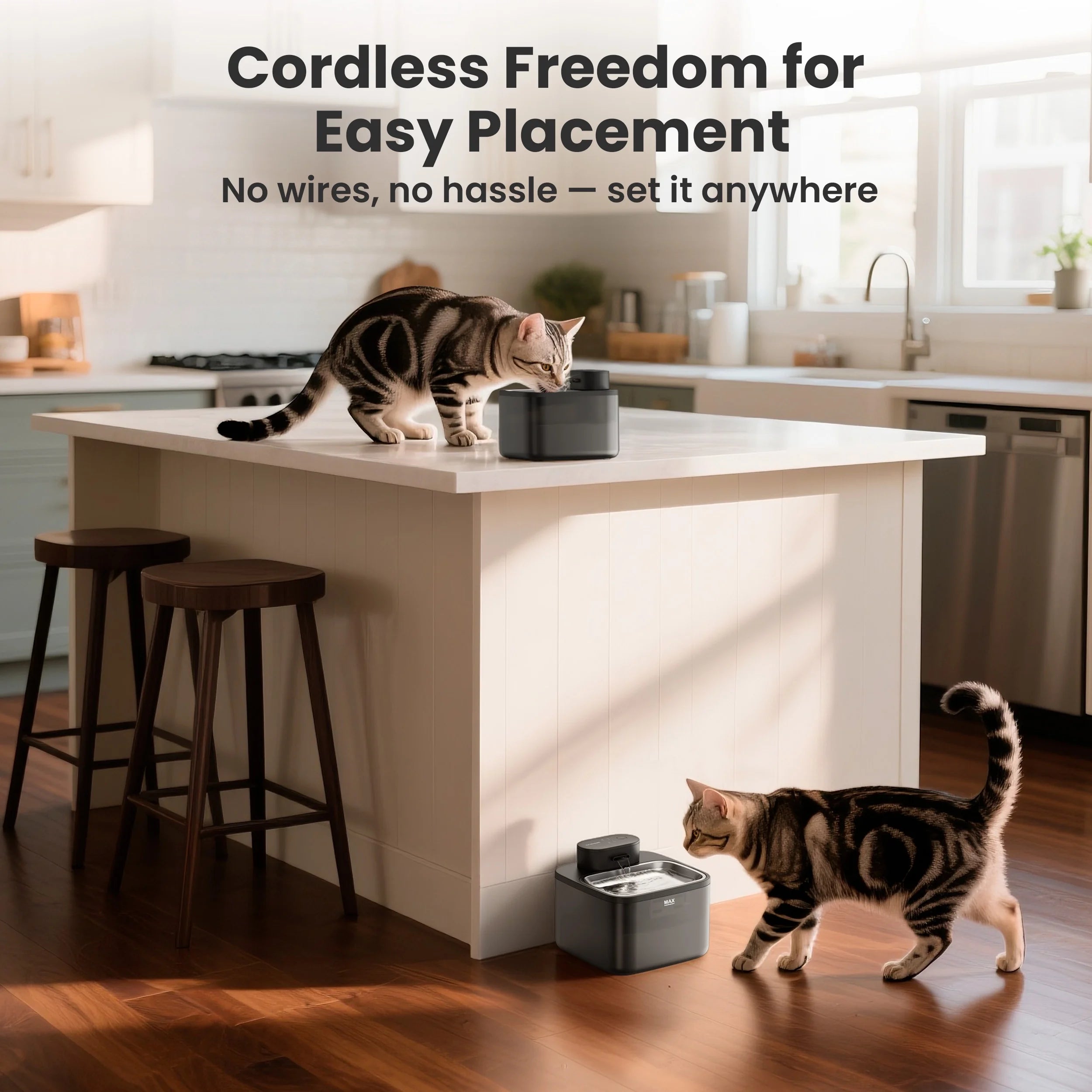 CW-04 Wireless Cat Water Fountain Stainless Steel Tray, 2.2L/74Oz Low Noise Cat Water Dispenser, Cat Drinking Fountain with 3 Filters- Silver