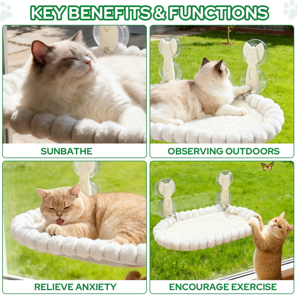 Cat Window Perch, Cat Window Hammock with Metal Frame and Reversible Cover&4 Strong Suction Cups, No Drilling, Cat Beds for Indoor Cats for Sunbathing, Napping & Overlooking(White,Velvet)