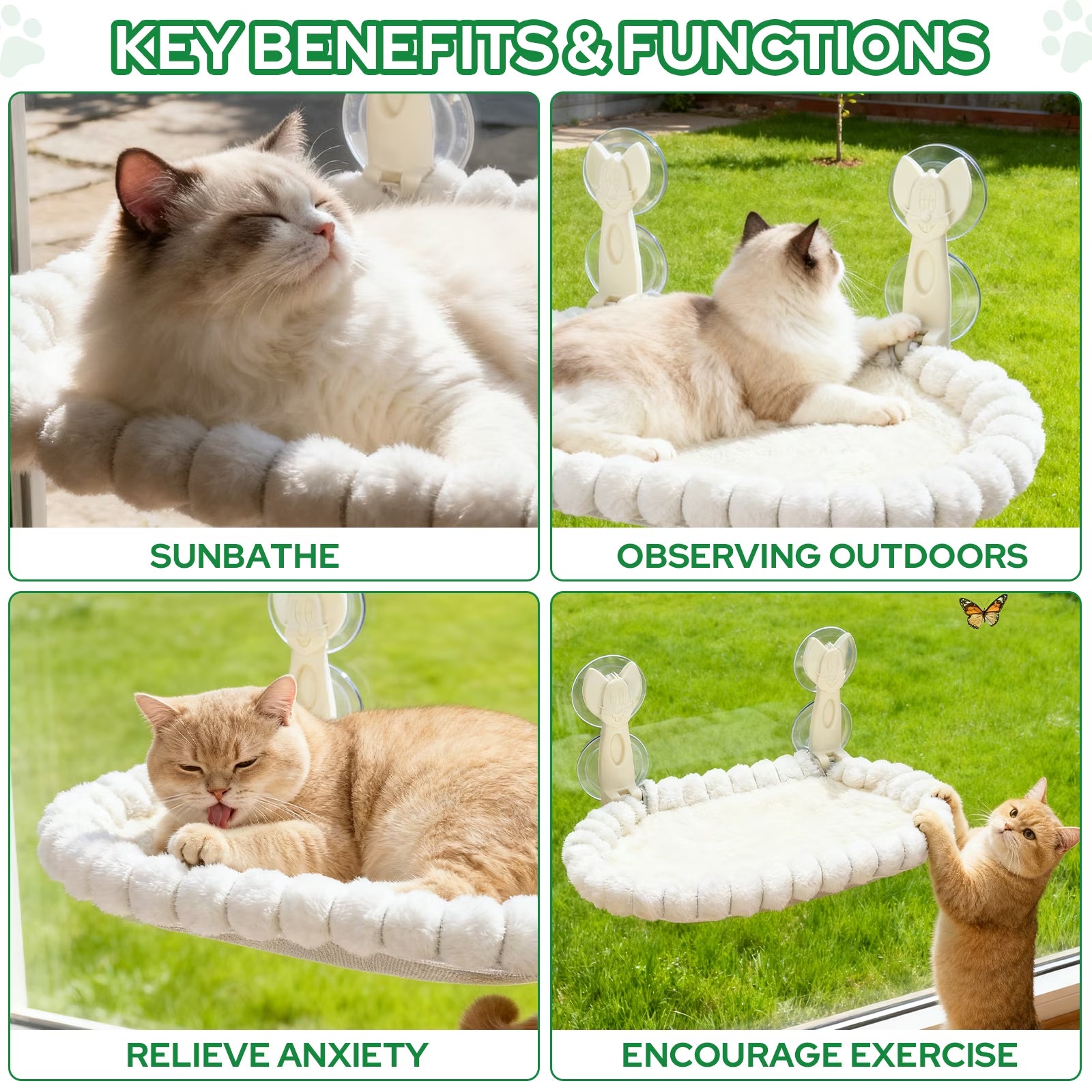 Cat Window Perch, Cat Window Hammock with Metal Frame and Reversible Cover&4 Strong Suction Cups, No Drilling, Cat Beds for Indoor Cats for Sunbathing, Napping & Overlooking(White,Velvet)