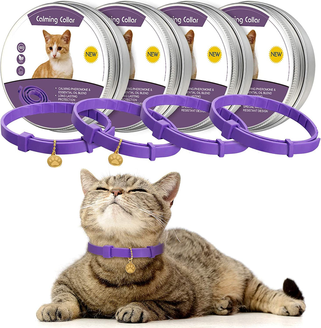4 Pcs Cat Calming Collar Adjustable Pheromones Scent Relaxing Cat Collar with 2 Pendant for Puppies Reduce Stress Aggression Anxious, up to 15 Inches(Purple, Gold)