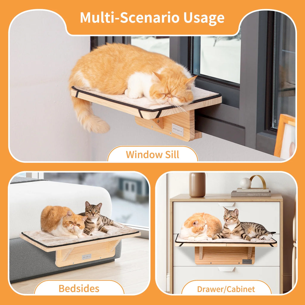 2 Cats Design Window Perch, Cat Hammock Window Seat with Natural Wood &Removable Fleece Mat for Large Cats, Easy to Adjust&Assemble Cat Bed for Windowsill, Bedside and Drawer