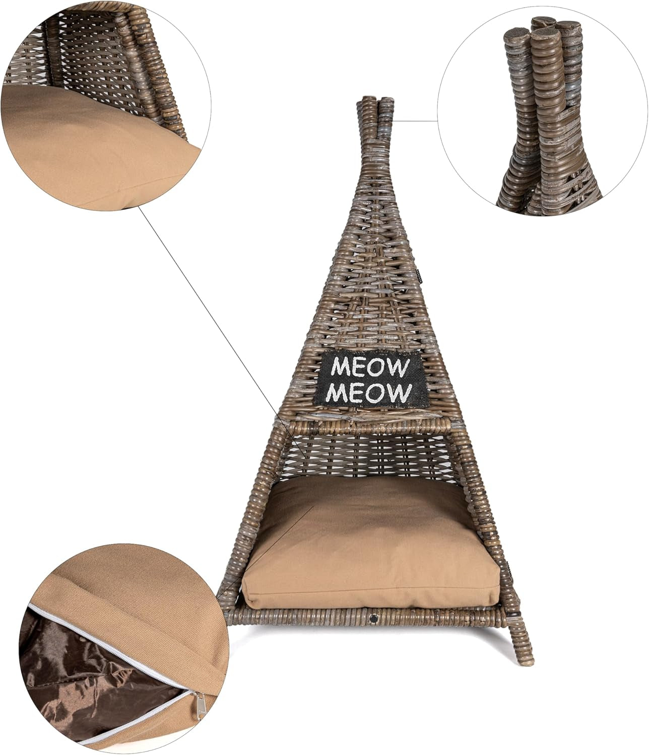CBD1002A Tiki Tent 20" X 20" Coastal Handwoven Rattan Cat Bed with Machine-Washable Cushion, Kubu Gray