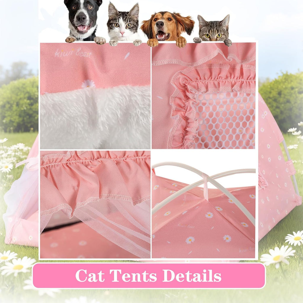 Cat Princess Indoor Tent House - Dog House Indoor/Outdoor Lace Mesh Breathable Windows Door Curtains Removable Portable Cave Nest Bed Bunny and Puppy (Pink, S)