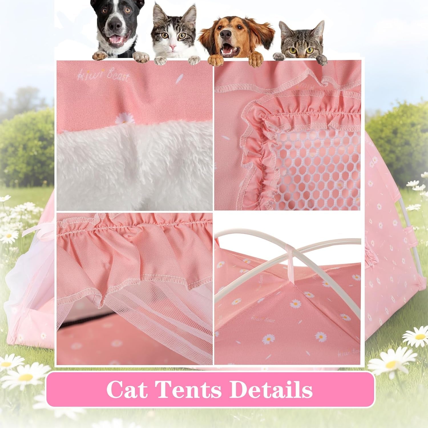 Cat Princess Indoor Tent House - Dog House Indoor/Outdoor Lace Mesh Breathable Windows Door Curtains Removable Portable Cave Nest Bed Bunny and Puppy (Pink, S)