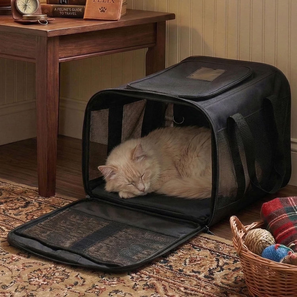 Cat Carrier,Foldable Soft-Sided Large Cat Carrier,Airline Approved Cat Carriers with Safety Leash,Comfort for Cat Travel Carrier,Black