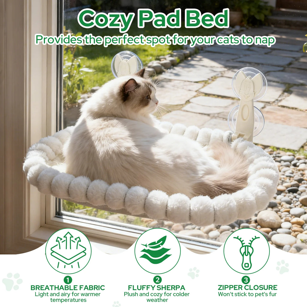 Cat Window Perch, Cat Window Hammock with Metal Frame and Reversible Cover&4 Strong Suction Cups, No Drilling, Cat Beds for Indoor Cats for Sunbathing, Napping & Overlooking(White,Velvet)