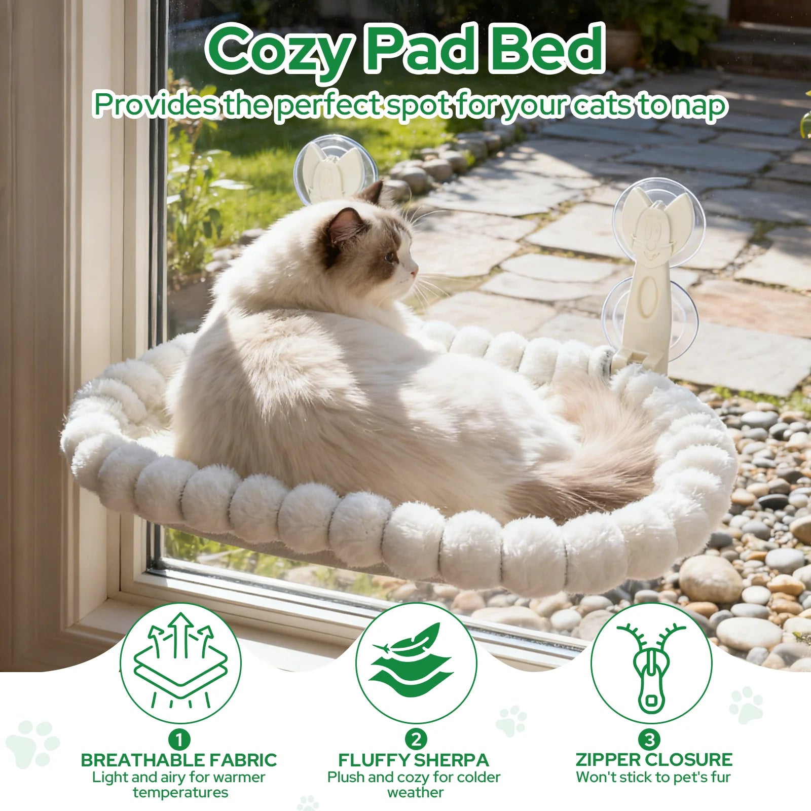 Cat Window Perch, Cat Window Hammock with Metal Frame and Reversible Cover&4 Strong Suction Cups, No Drilling, Cat Beds for Indoor Cats for Sunbathing, Napping & Overlooking(White,Velvet)