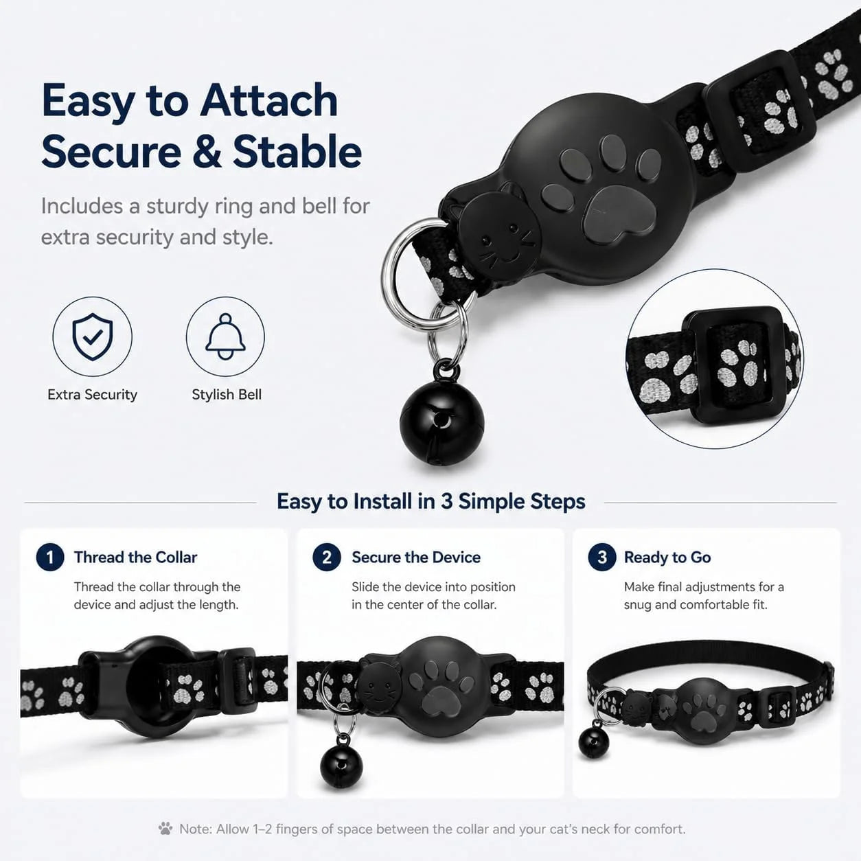 Cat Tracker Collar for Small Cats - Real Time Cat GPS Tracker No Monthly Fee, Pet Tracker for Cats Works with Apple Find My (Only Ios), No SIM Required (Collar + Black Tracker)