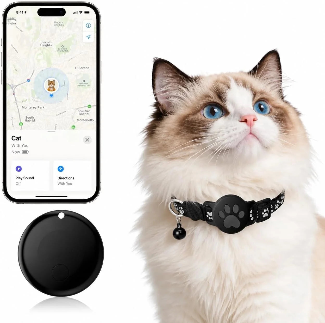 Cat Tracker Collar for Small Cats - Real Time Cat GPS Tracker No Monthly Fee, Pet Tracker for Cats Works with Apple Find My (Only Ios), No SIM Required (Collar + Black Tracker)
